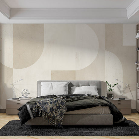 Modern geometric circle wallpaper in bright living room showing flowing beige pattern against white furniture
