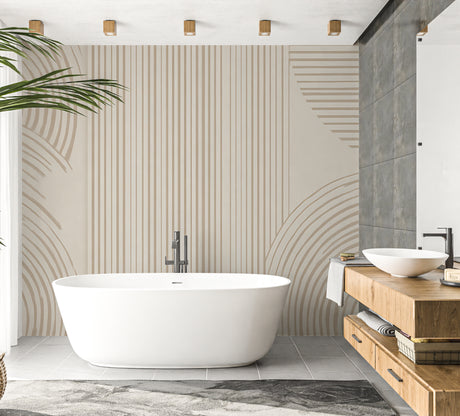 Modern geometric stripe wallpaper in bright living room with minimal furniture