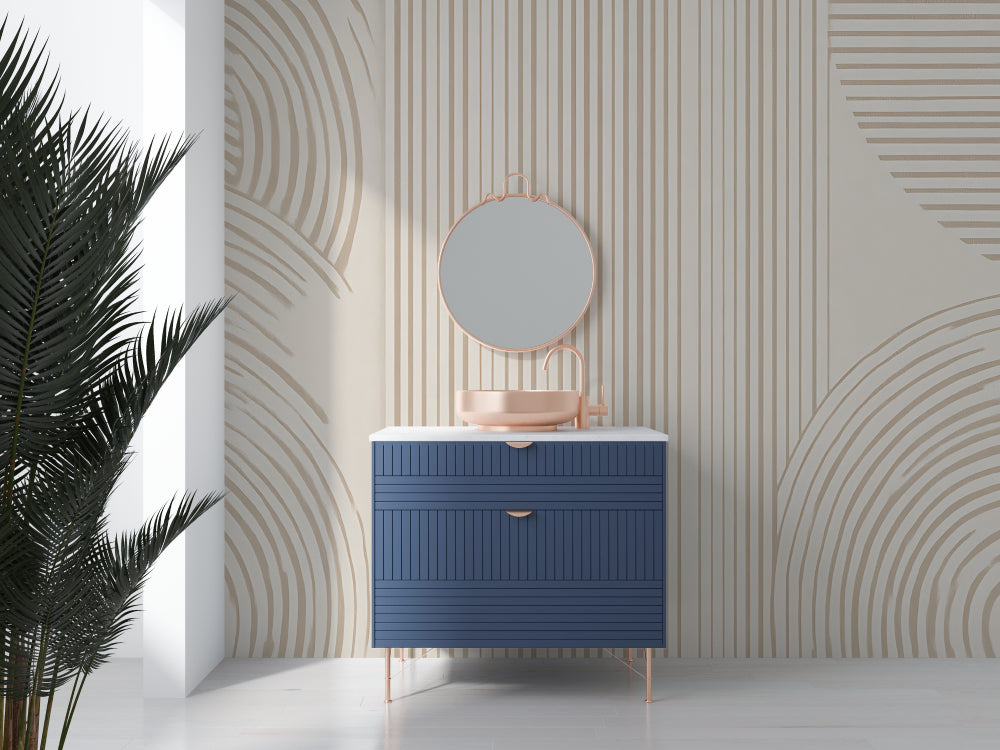 Beige geometric wall mural adding depth to contemporary bedroom