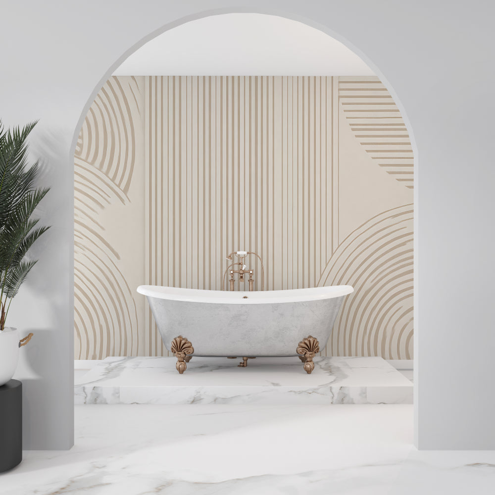 Curved stripe wallpaper pattern in modern home office setting