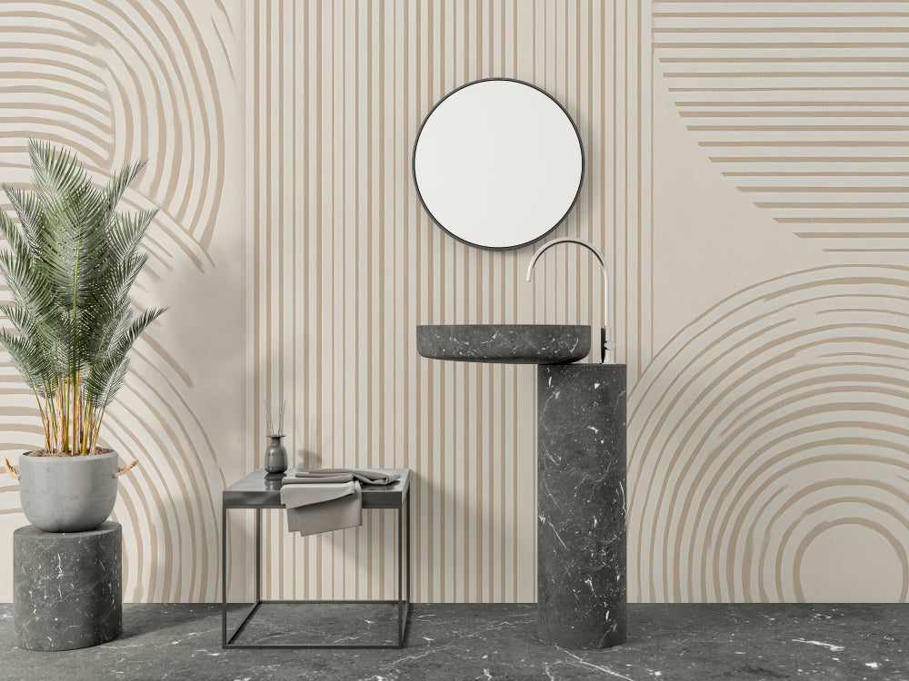 Geometric pattern wallpaper creating visual interest in dining room