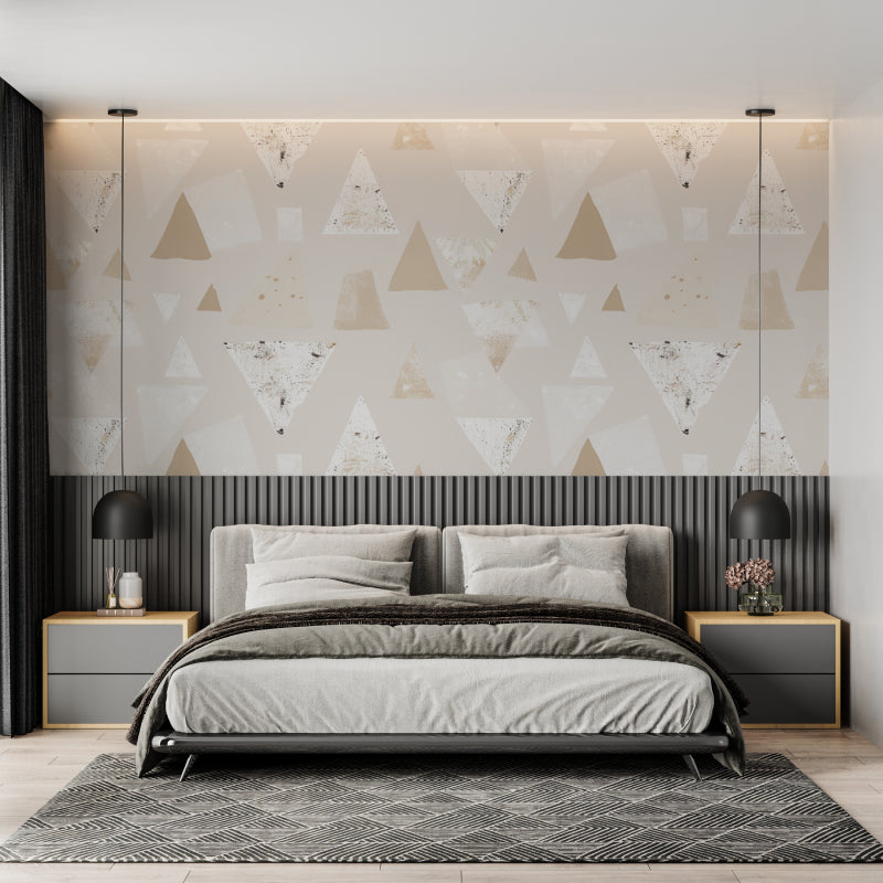 Geometric wallpaper creating depth in modern dining room setting