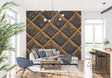 Modern geometric wallpaper with orange diamond pattern creating depth in a minimalist living room setting
