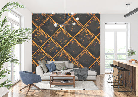 Modern geometric wallpaper with orange diamond pattern creating depth in a minimalist living room setting