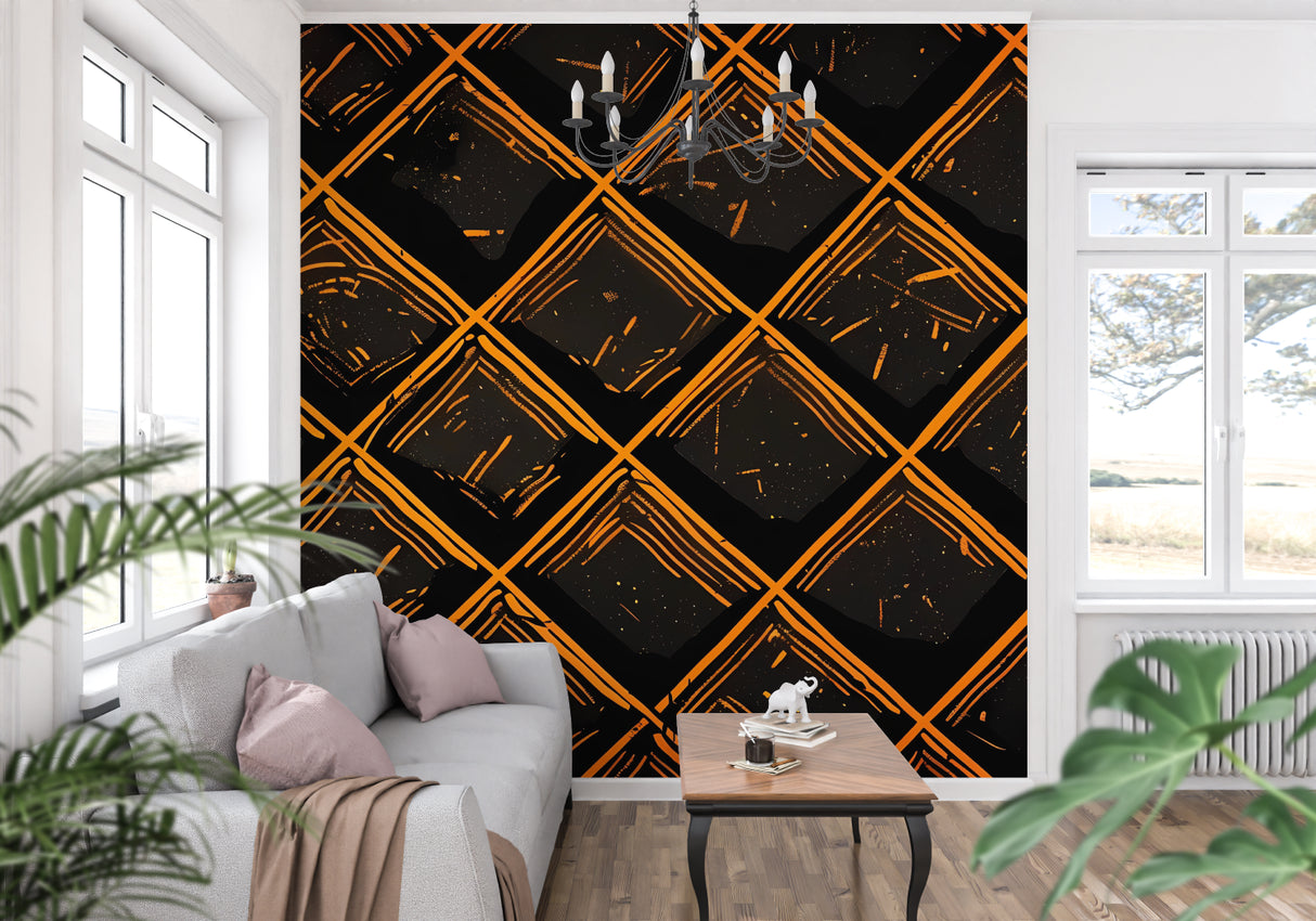Black and orange geometric wall mural adding drama to a contemporary home office space