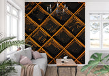 Black and orange geometric wall mural adding drama to a contemporary home office space