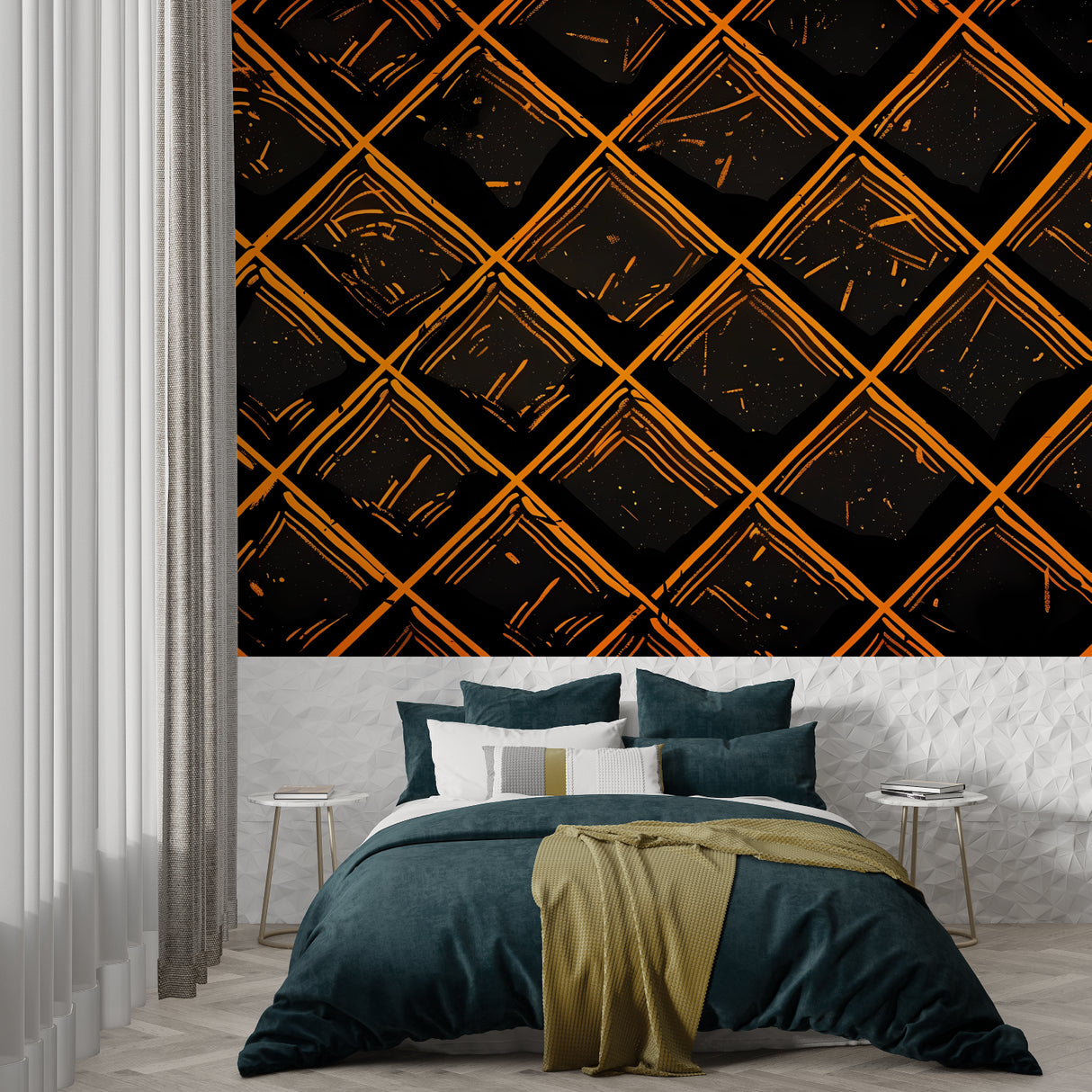 Diamond pattern wallpaper bringing energy to an urban dining room interior