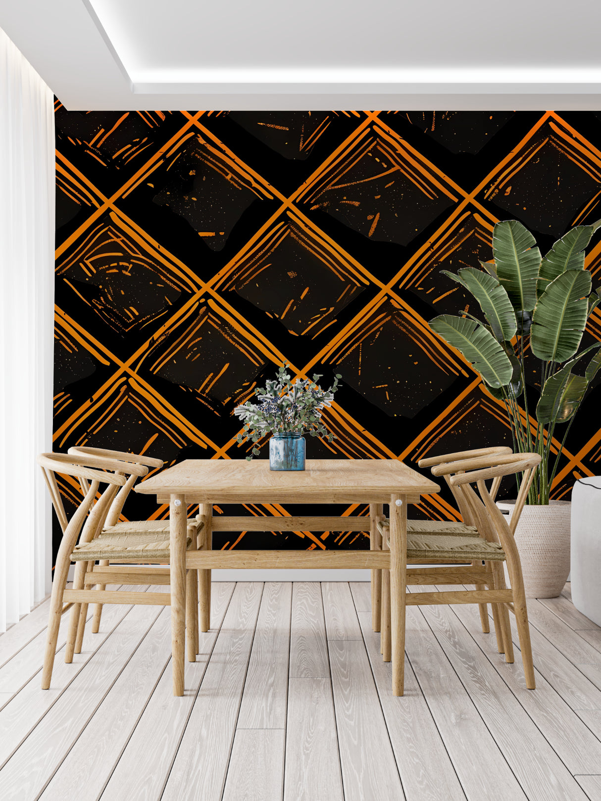 Orange and black geometric wallpaper making a statement in a contemporary hallway