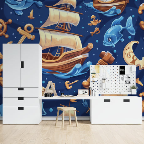 Modern geometric wallpaper with black and white circles in a minimalist living room setting