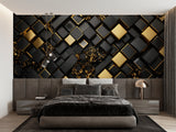 Geometric black and white wallpaper making a bold statement in a modern dining room