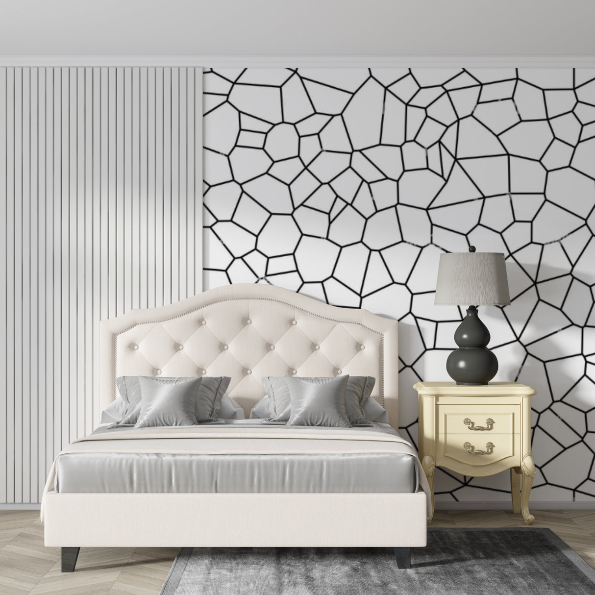 Modern geometric wallpaper in minimalist living room showing black and white pattern