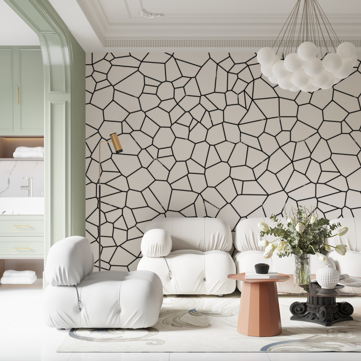 Geometric pattern wallpaper creating dramatic effect in dining room