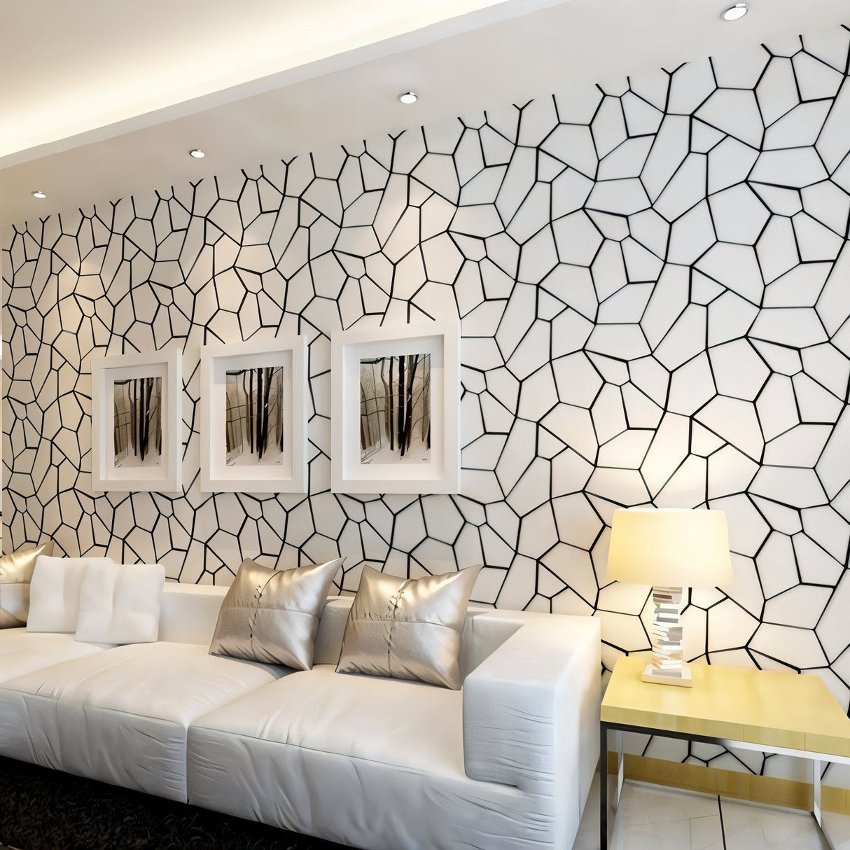 Modern black and white geometric wallpaper in bedroom setting