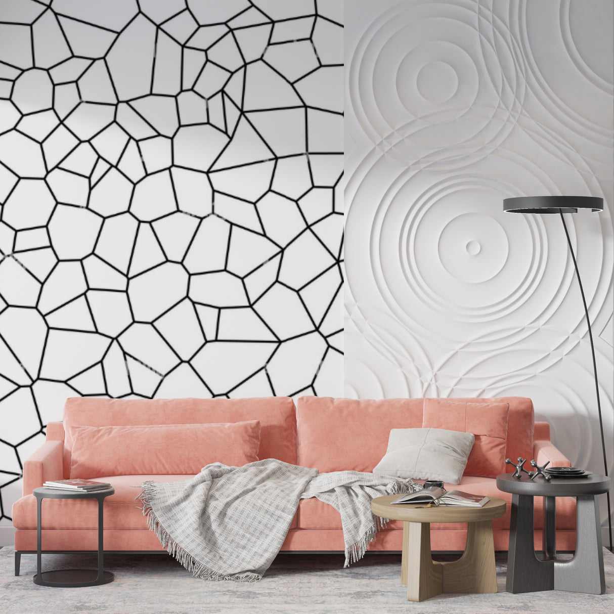 Modern geometric wallpaper creating focal point in study room