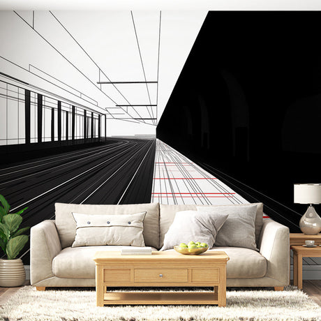 Modern geometric perspective wallpaper creating depth in a minimalist living room with clean lines and architectural appeal