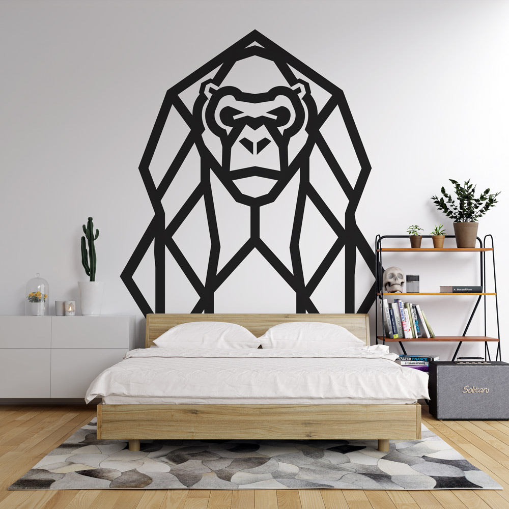 Modern Geometric Gorilla Wallpaper creating a striking focal point in a minimalist living room with black and white decor
