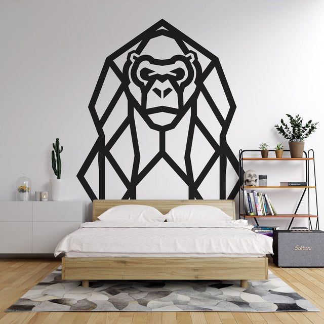 Modern Geometric Gorilla Wallpaper creating a striking focal point in a minimalist living room with black and white decor