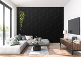 Contemporary bedroom featuring black hexagonal wallpaper design