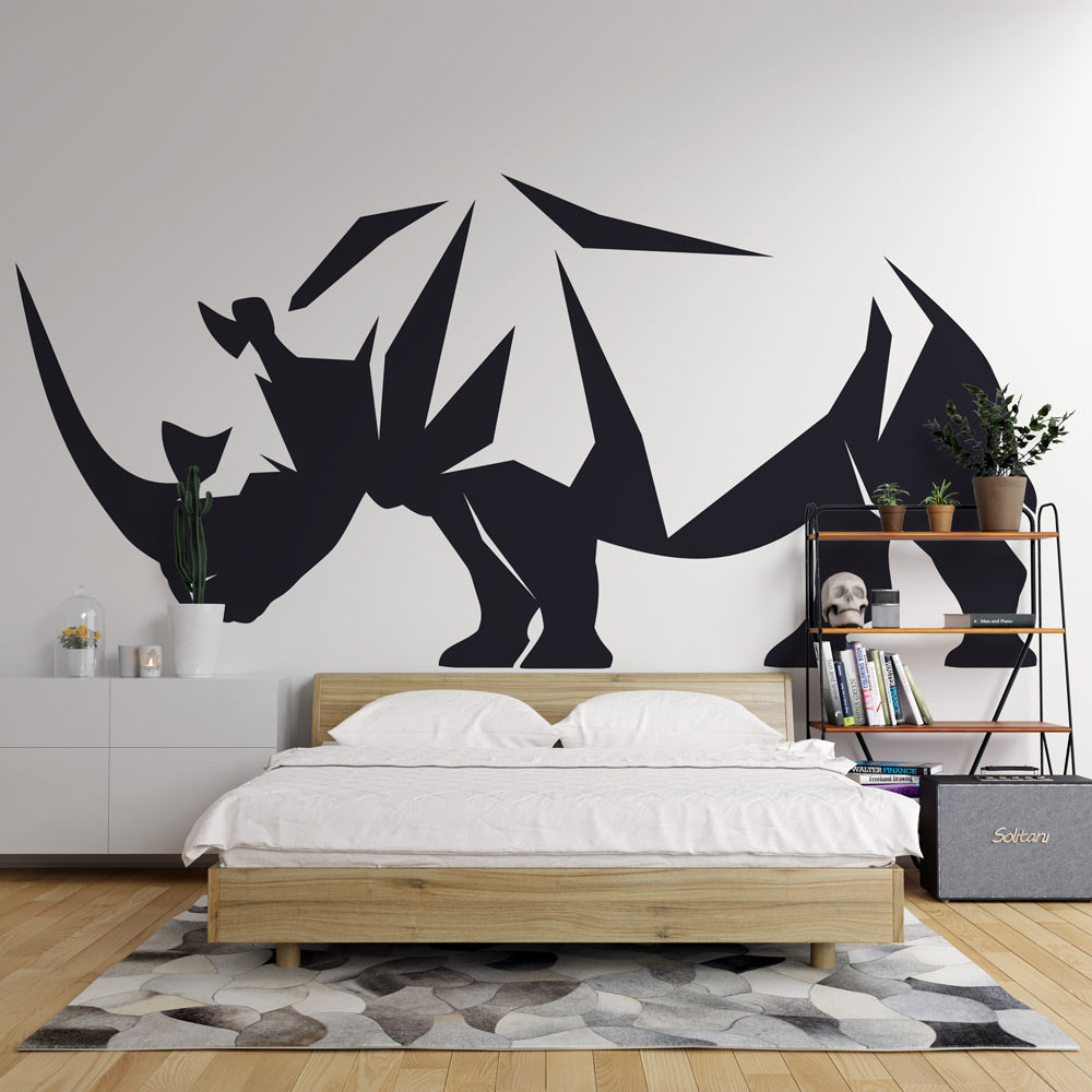 Modern Geometric Rhino Wallpaper creating a stunning focal point in a minimalist living room with grey sofa