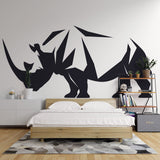 Modern Geometric Rhino Wallpaper creating a stunning focal point in a minimalist living room with grey sofa