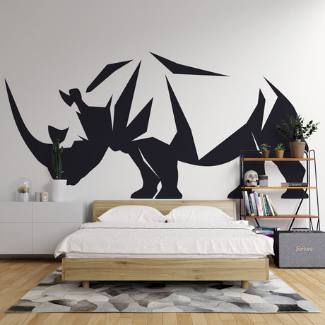 Modern Geometric Rhino Wallpaper creating a stunning focal point in a minimalist living room with grey sofa