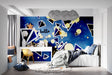 Modern geometric wallpaper in blue and gold creating depth in a minimalist living room