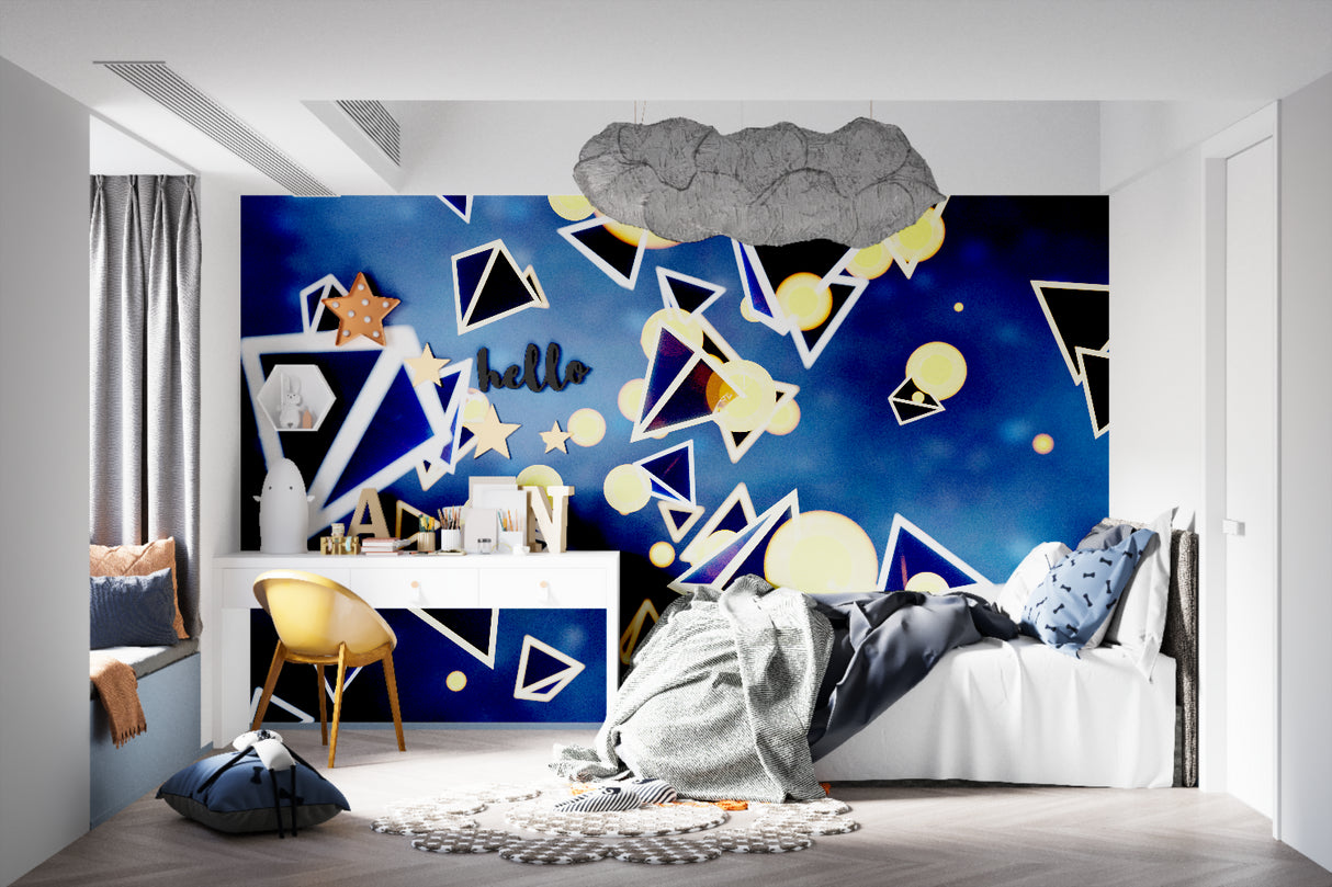 Modern geometric wallpaper in blue and gold creating depth in a minimalist living room