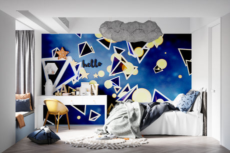 Modern geometric wallpaper in blue and gold creating depth in a minimalist living room