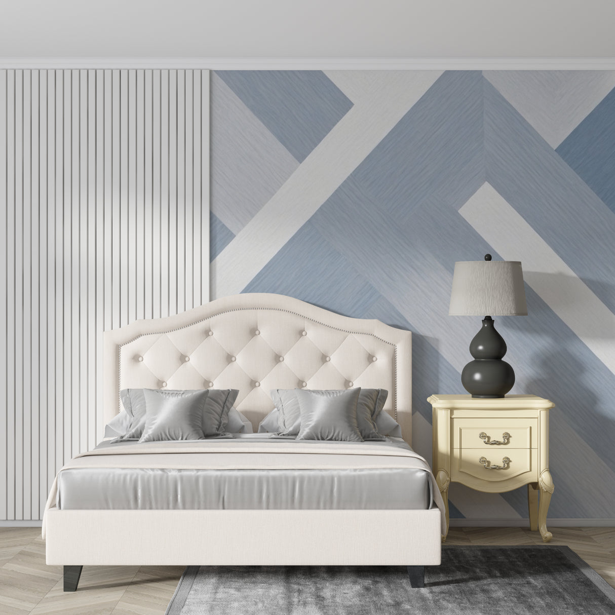 Contemporary geometric wallpaper creating depth in a modern dining room