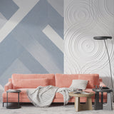 Modern blue geometric pattern in an entry hallway with pendant lighting