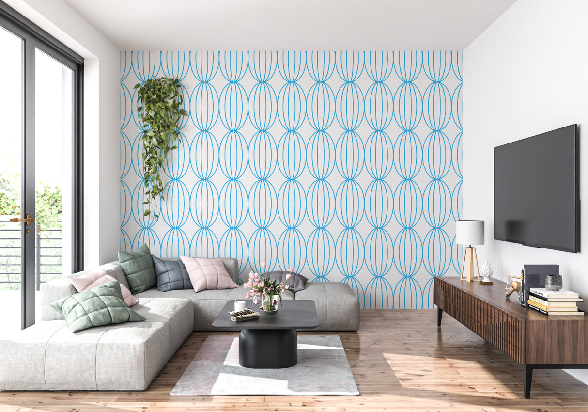 Geometric blue wallpaper adding depth to a modern dining room