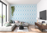 Geometric blue wallpaper adding depth to a modern dining room