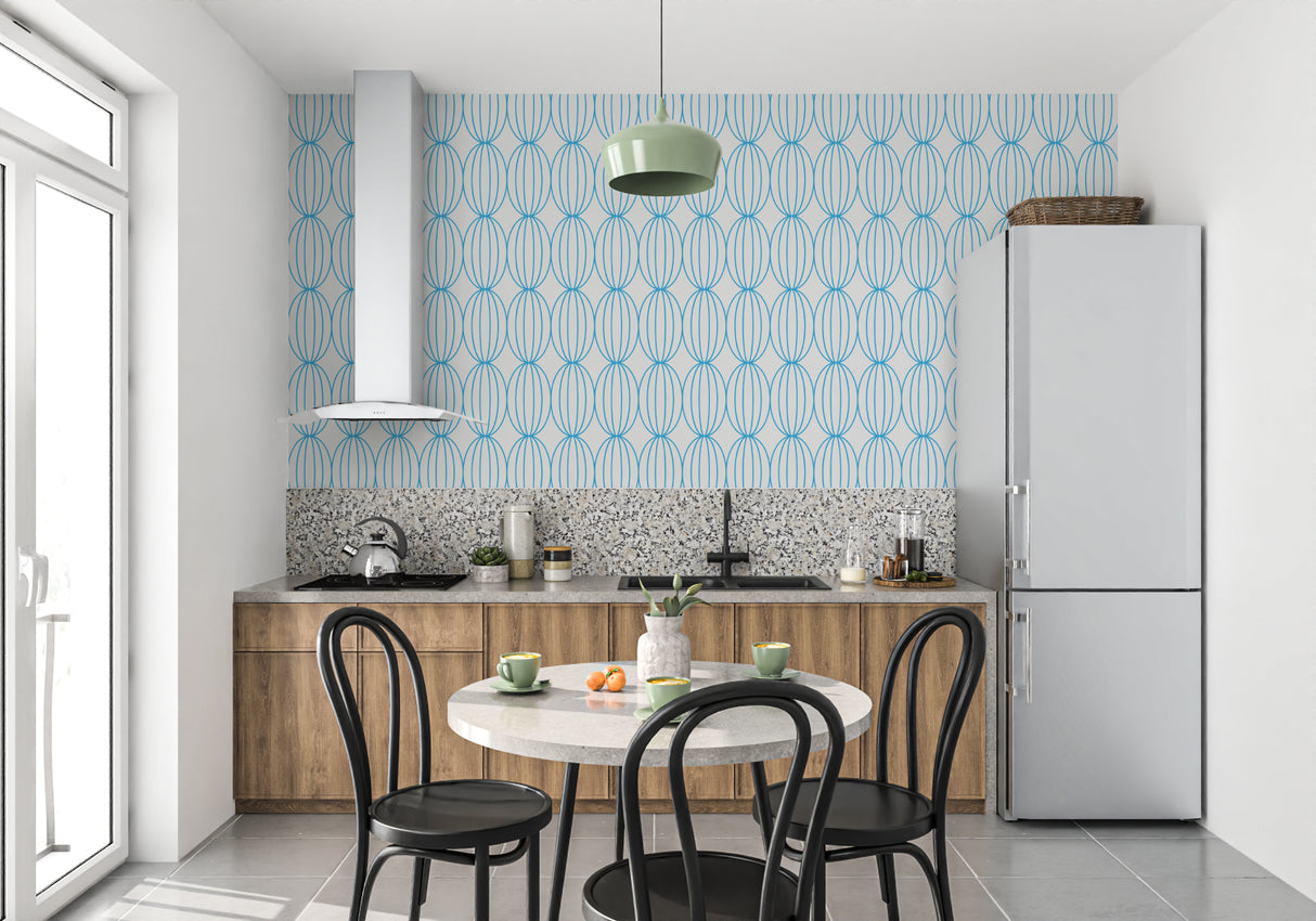 Blue circular pattern wall mural in contemporary bedroom setting