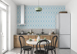 Blue circular pattern wall mural in contemporary bedroom setting