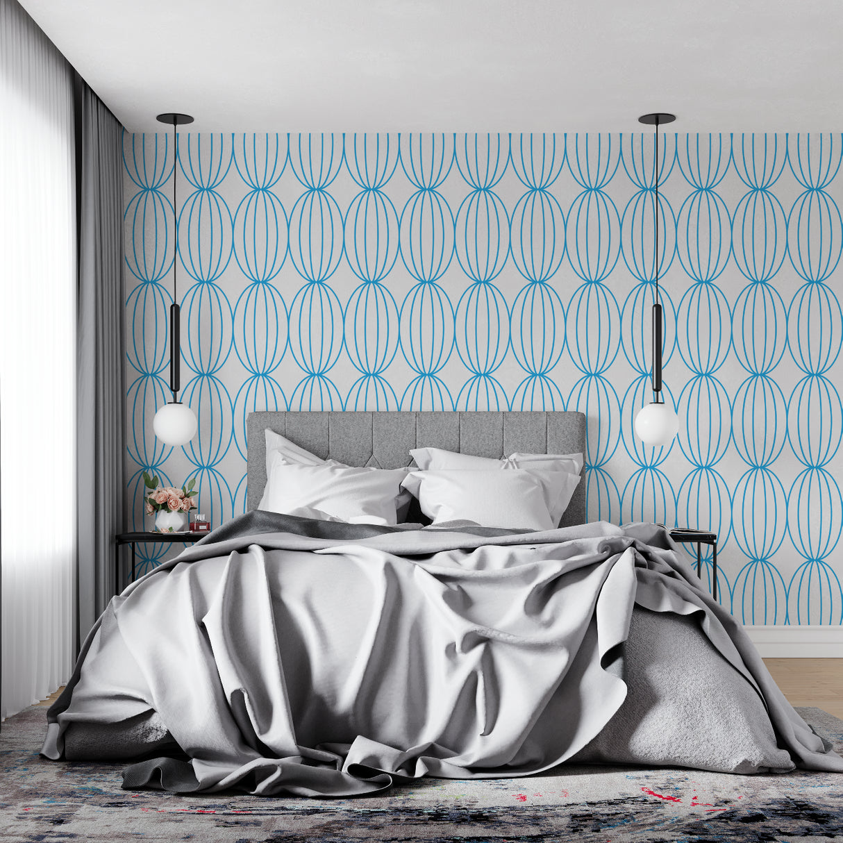 Modern geometric wallpaper featuring blue circles in minimalist hallway