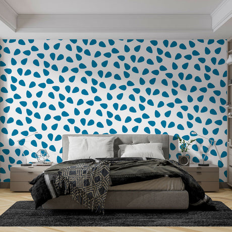 Modern geometric blue drops wallpaper in a bright contemporary home office showing flowing pattern and natural light