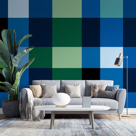 Modern geometric wallpaper with blue-green grid pattern showcased in a bright contemporary living room setting