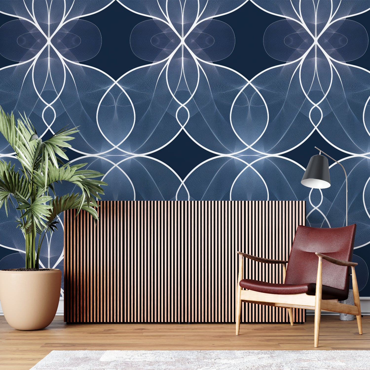 Line Design Mural Abstract line pattern mural in a sleek dining room setting