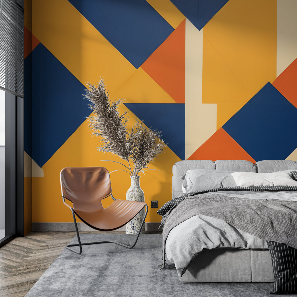 Modern geometric wallpaper in bright home office with natural light showing blue and orange pattern
