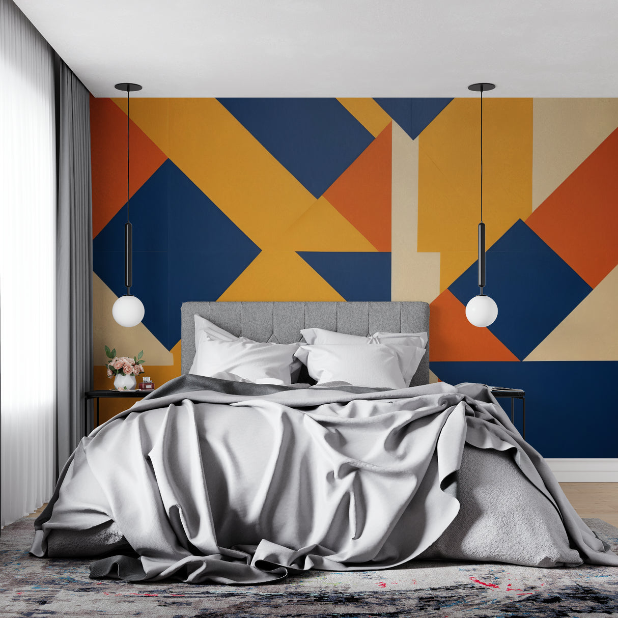 Contemporary living room featuring geometric pattern wallpaper with striking blue and orange shapes