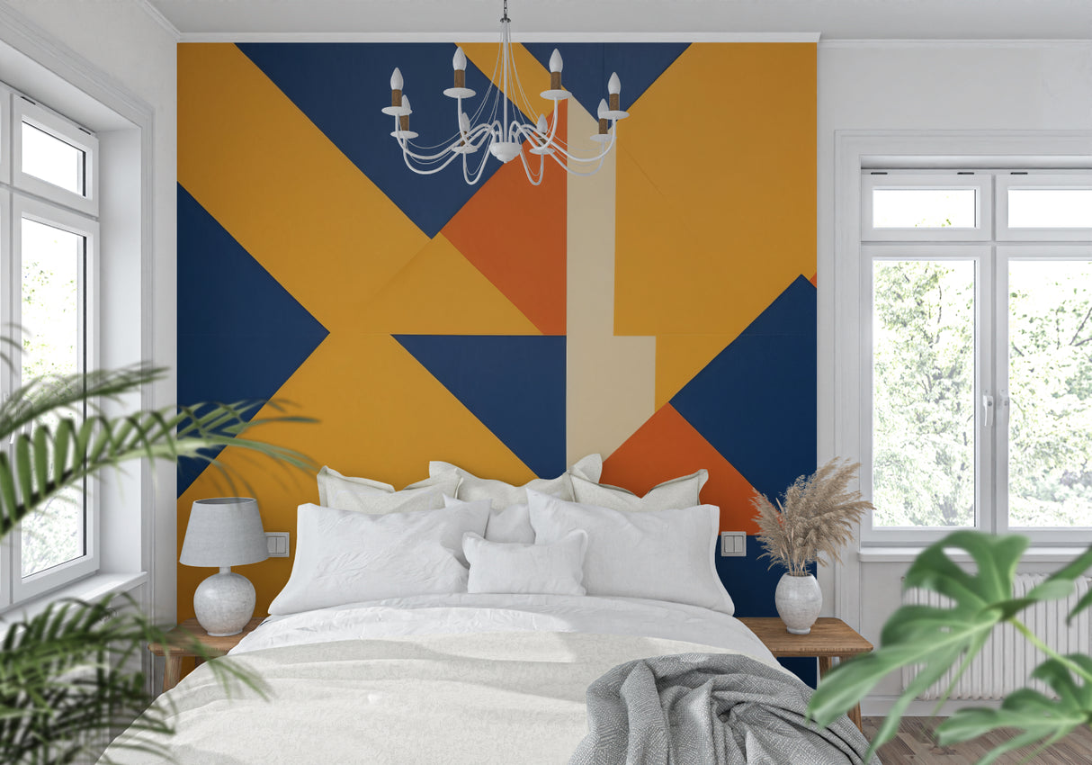 Modern dining area with geometric accent wall showing dynamic blue and orange design