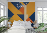 Modern dining area with geometric accent wall showing dynamic blue and orange design