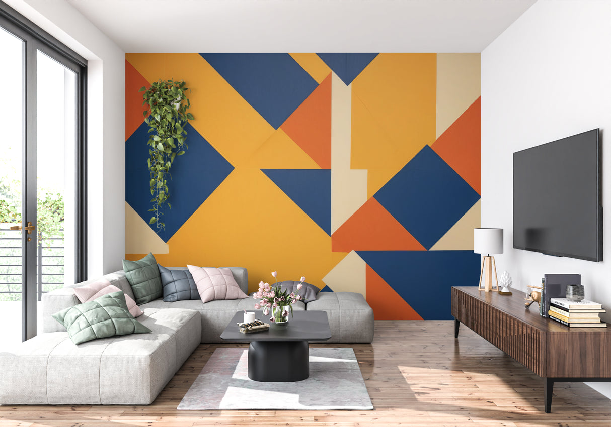 Creative workspace with geometric wall mural showcasing bold blue and orange patterns