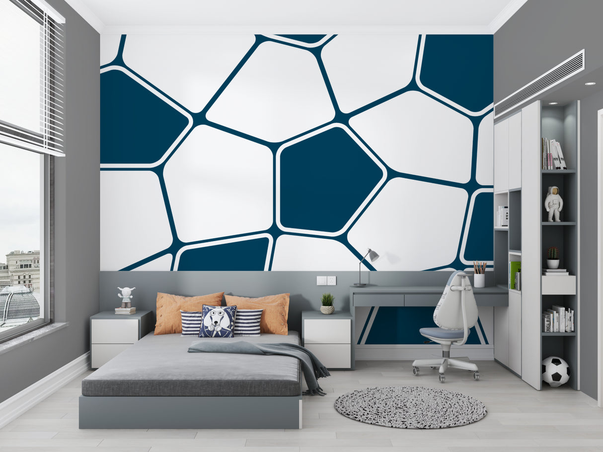 Blue pentagon pattern wall mural in contemporary living room setting