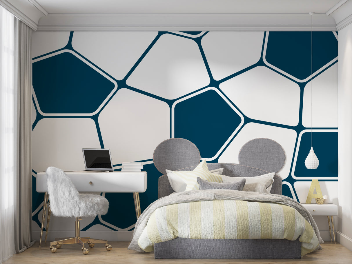 Geometric wallpaper creating feature wall in modern bedroom