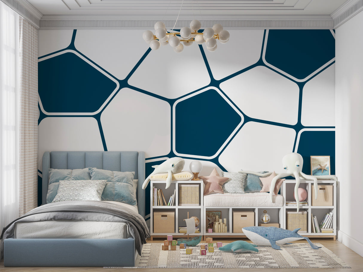Navy blue geometric pattern in minimalist dining room space