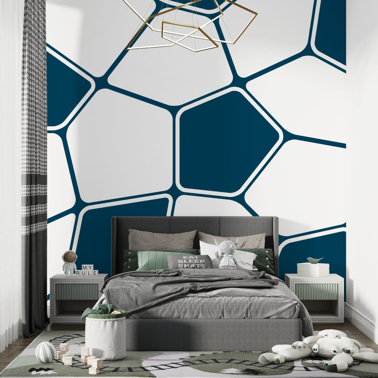 Pentagon wallpaper design in modern hallway with pendant lighting