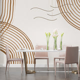 Modern geometric wallpaper with brown curved lines in a bright living room setting