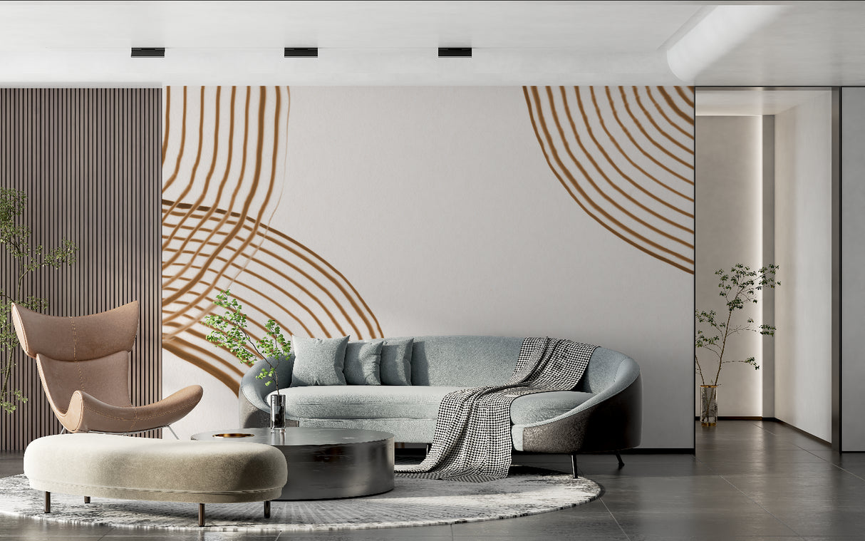 Brown curved line pattern wallpaper creating depth in a minimalist dining room