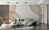 Brown curved line pattern wallpaper creating depth in a minimalist dining room